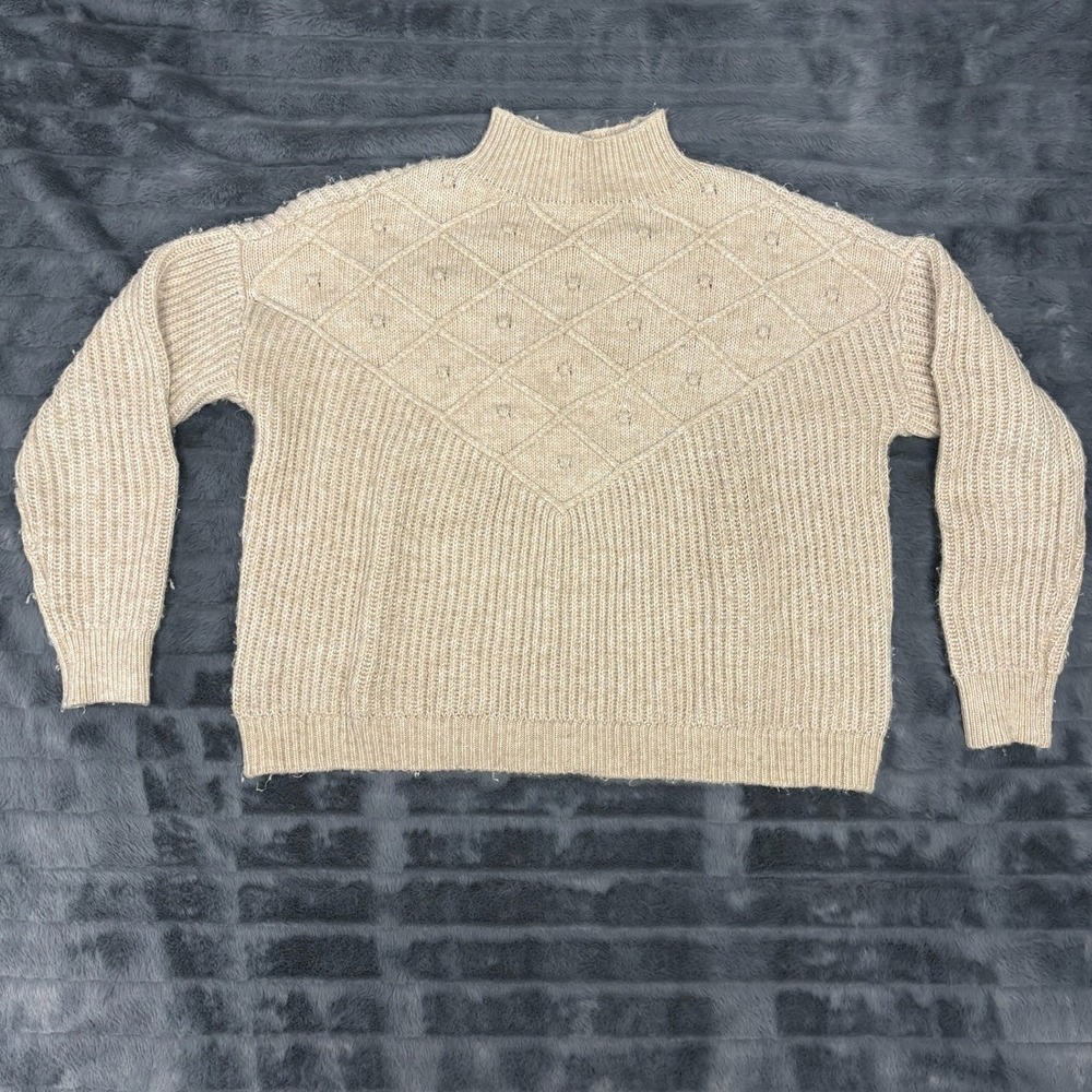 Calvin Klein Womens Oatmeal Beige Mock Neck Diamond Cable Knit Sweater Small